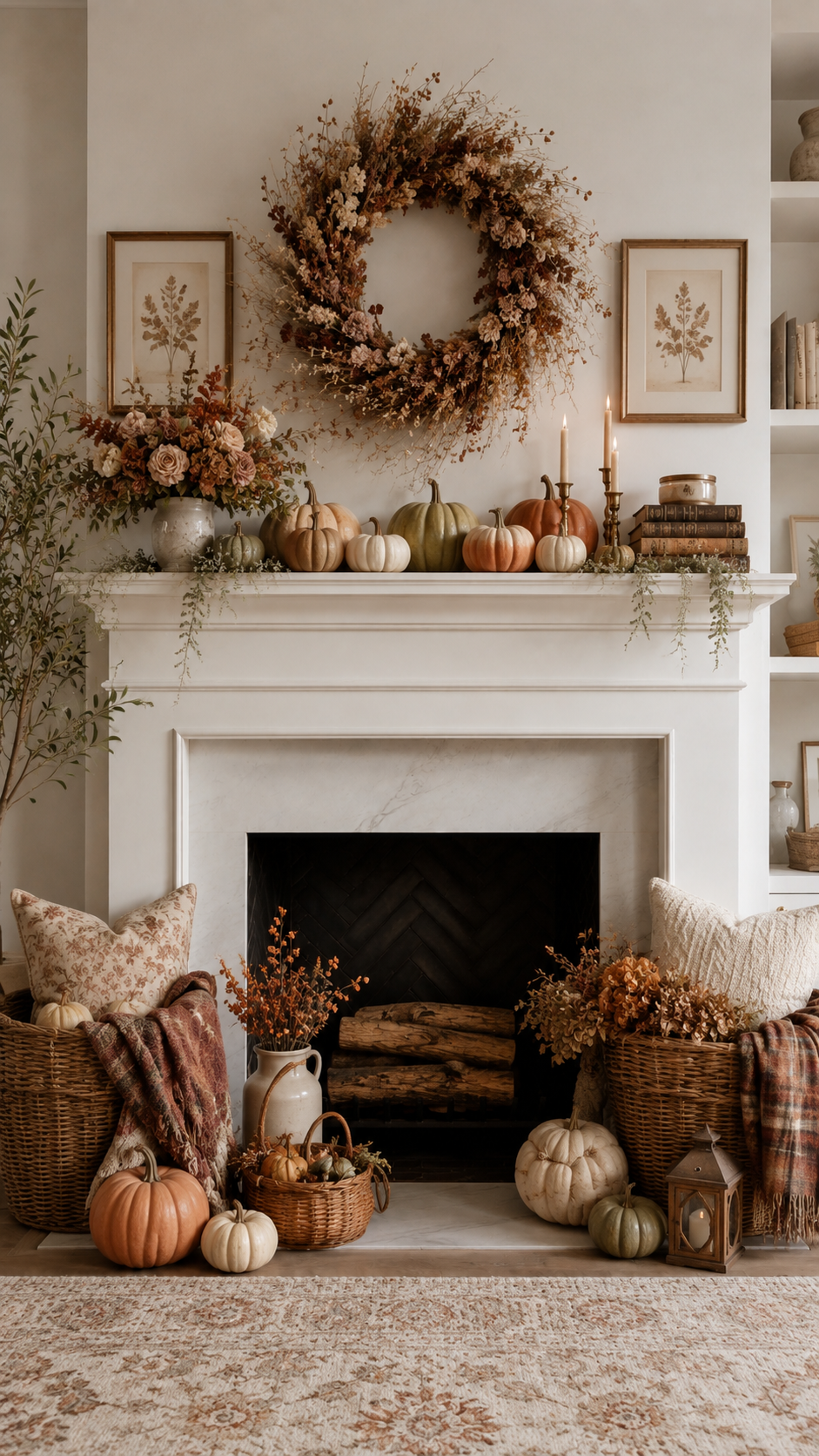 Vintage European fall mantel decor with carved stone fireplace, ornate gold mirror, antique paintings, autumn foliage garland, pumpkins, books, brass candles, urns, trunks, and rug