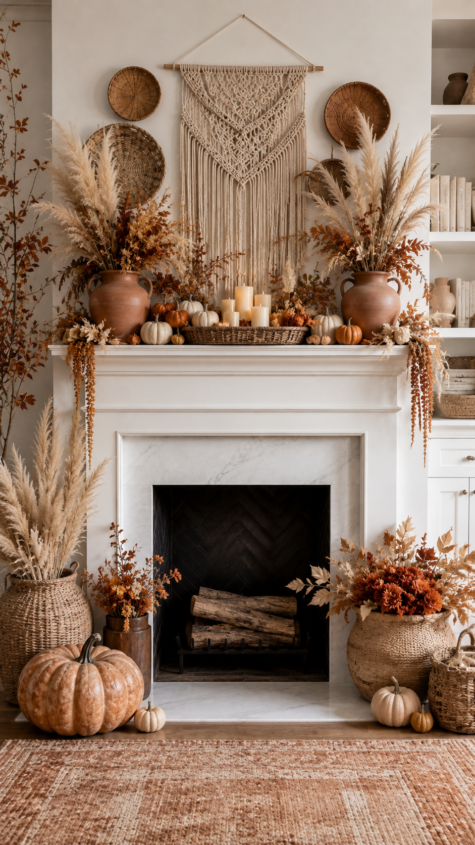 Boho fall mantel decor with white fireplace, macrame wall hanging, woven baskets, terracotta vases, pumpkins, pampas grass, dried foliage, candles, and rust rug