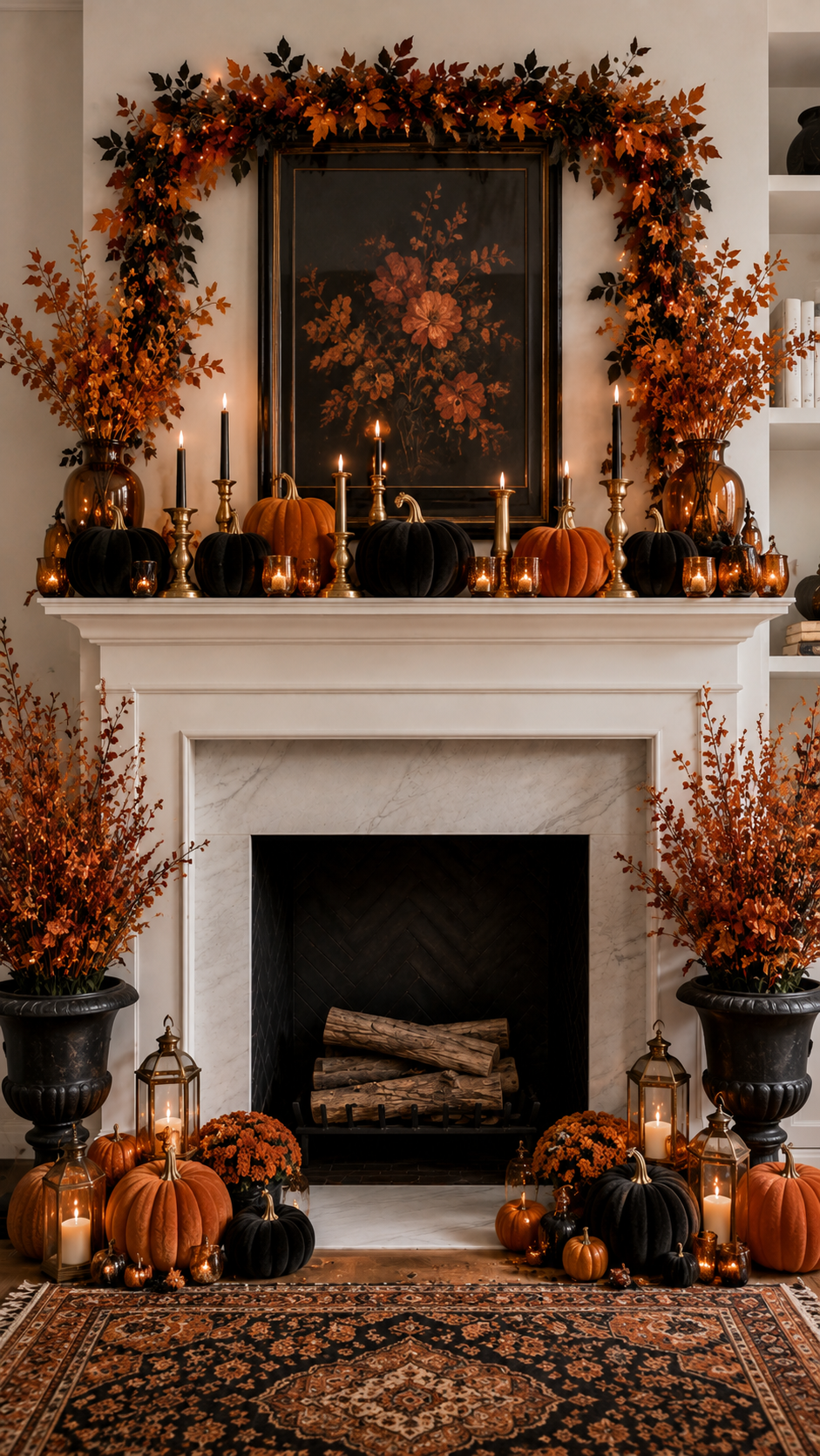 Classic fall mantel decor with cream fireplace, autumn landscape painting, leaf garland, orange pumpkins, lanterns, wreaths, candles, urns, mums, and farmhouse styling
