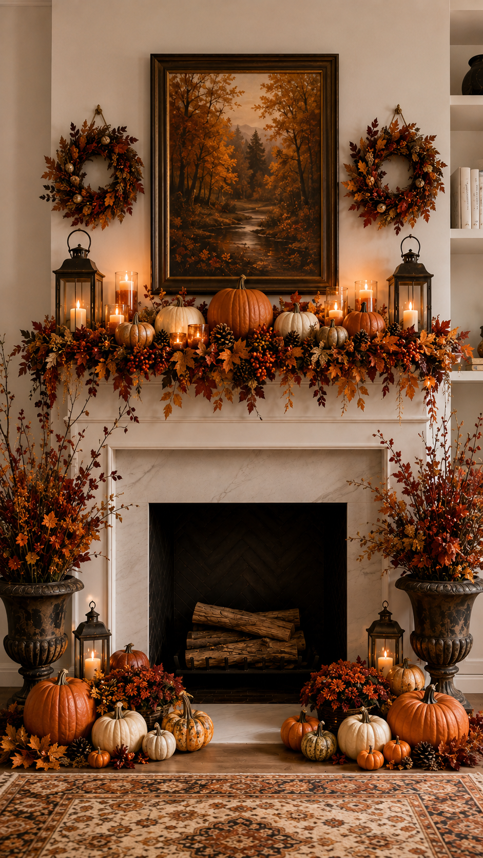 Neutral fall mantel decor with textured ivory pumpkins, abstract artwork, olive foliage garland, dried palm leaves, brass candlesticks, ceramic urns, pampas grass, and lanterns