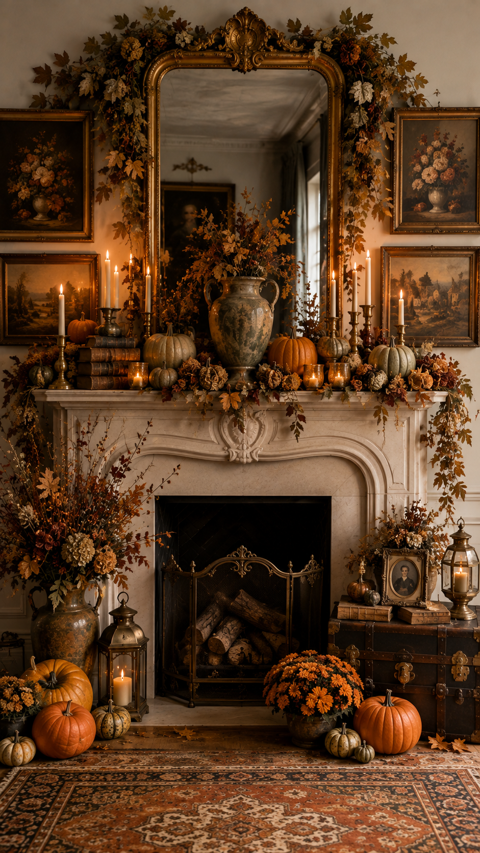 Rustic fall mantel decor with wooden sign, weathered wood shelf, garland, pumpkins, pinecones, pillar candles, black lanterns, firewood basket, plaid blanket, and farmhouse fireplace