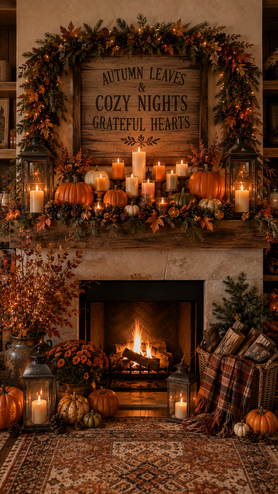 Farmhouse fall mantel decor with autumn landscape painting, two wreaths, orange pumpkins, leaf garland, black lanterns, candles, urns, mums, pinecones, and rug