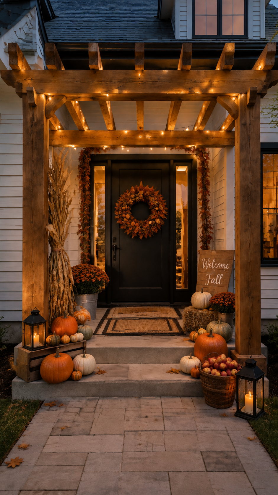 Fall outdoor decorating ideas with farmhouse front porch, pergola, black door, autumn wreath, pumpkins, mums, corn stalks, hay bale, lanterns, apples, and welcome fall sign