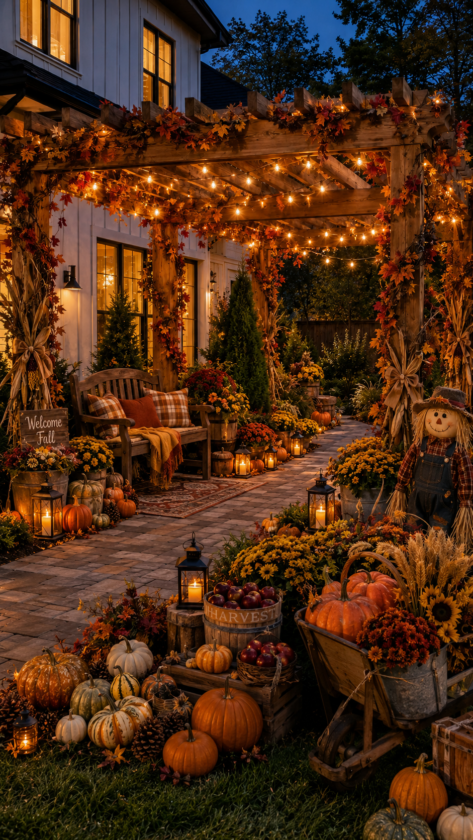 Backyard fall outdoor decor with wooden pergola, autumn garlands, string lights, bench, plaid cushions, pumpkins, lanterns, wheelbarrow, mums, corn stalks, and scarecrow