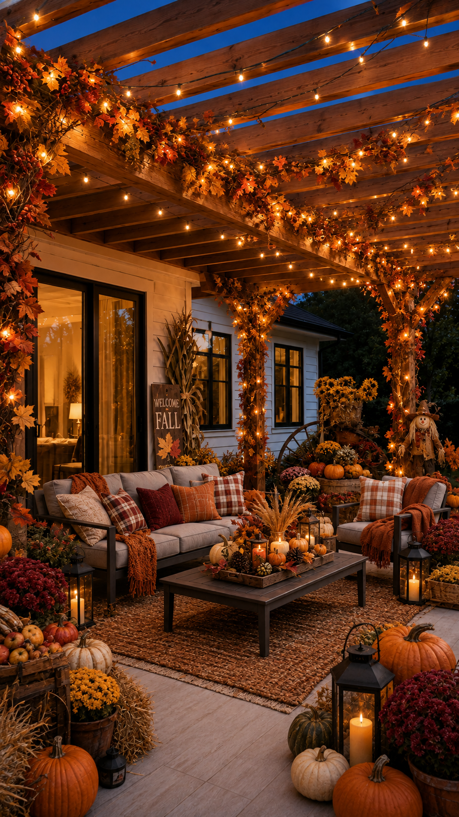 Fall patio decor with pergola, gray outdoor sofa, armchair, plaid pillows, knit throws, pumpkins, mums, lanterns, hay bales, scarecrow, garlands, and string lights