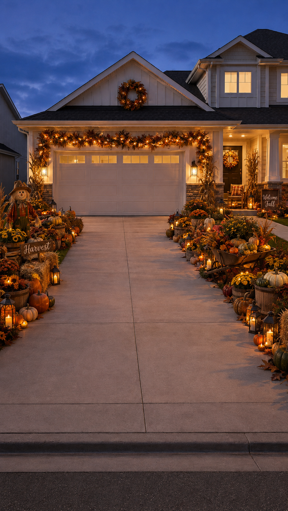 Fall driveway decor with white modern farmhouse garage, autumn wreaths, leaf garlands, corn stalks, pumpkins, mums, lanterns, hay bales, wheelbarrow, scarecrow, and harvest sign