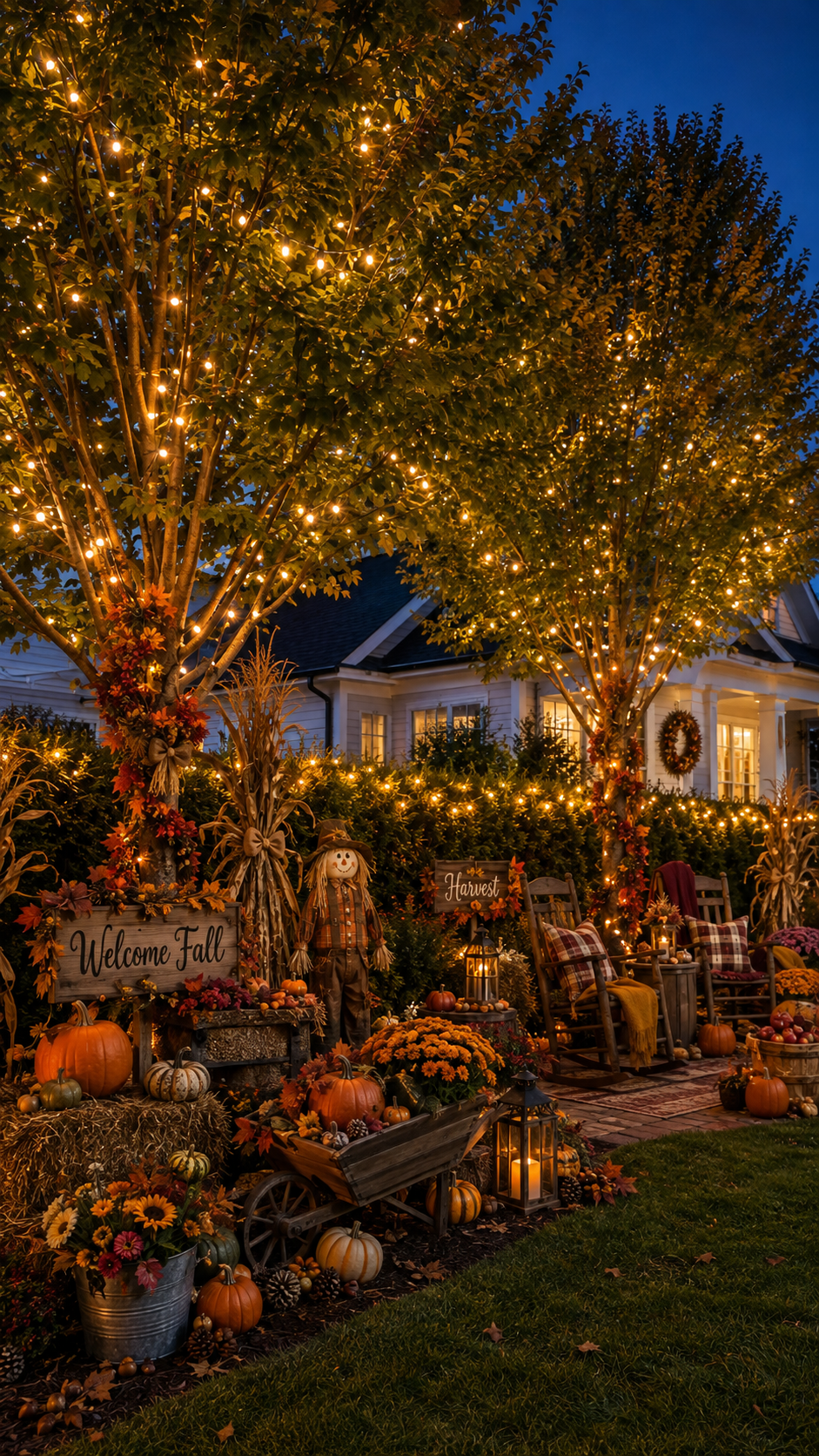 Front garden fall outdoor decor with glowing trees, privacy hedge, rocking chairs, plaid cushions, pumpkins, mums, hay bales, lanterns, scarecrow, apples, and welcome fall sign