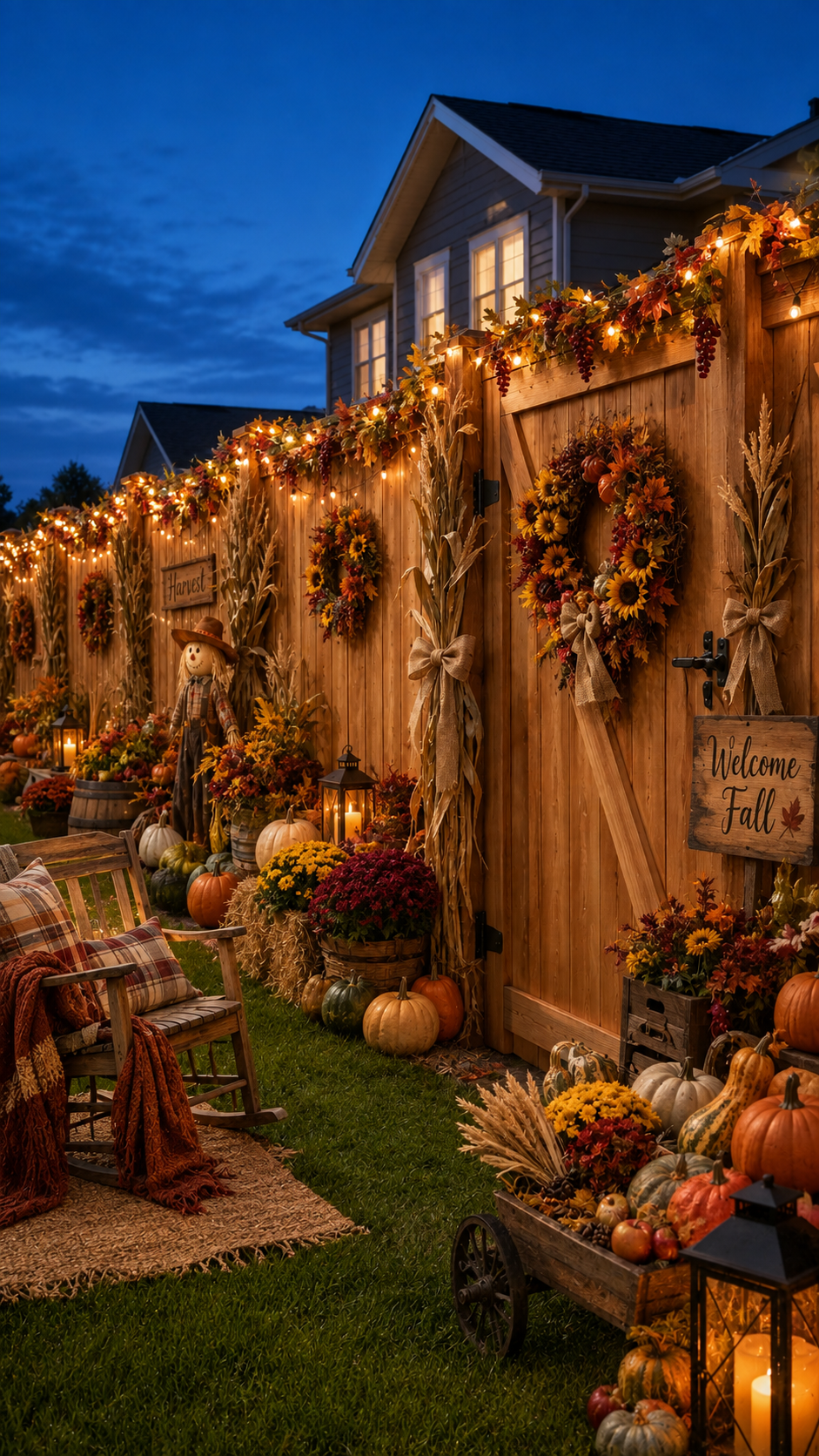 Fall privacy fence decor with wooden fence, string lights, autumn garland, wreaths, corn stalks, pumpkins, mums, lanterns, rocking chair, plaid cushion, and harvest sign