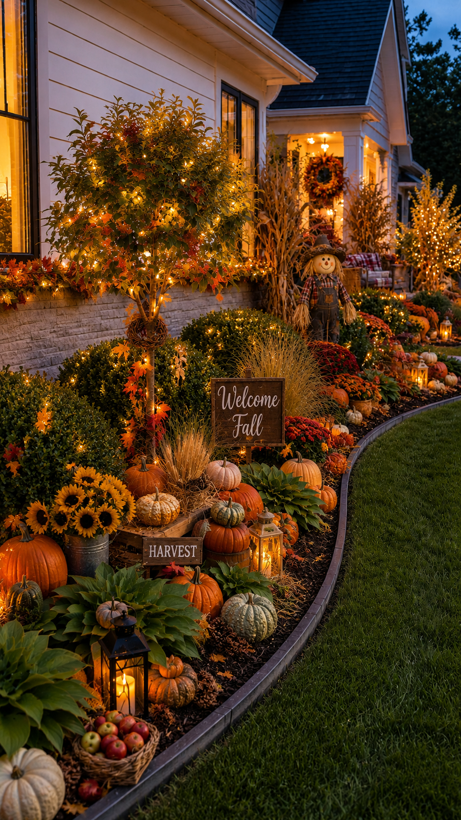 Fall garden bed decor with farmhouse exterior, curved mulch border, pumpkins, mums, lanterns, fairy lights, shrubs, ornamental grasses, sunflowers, apples, welcome fall sign, and scarecrow