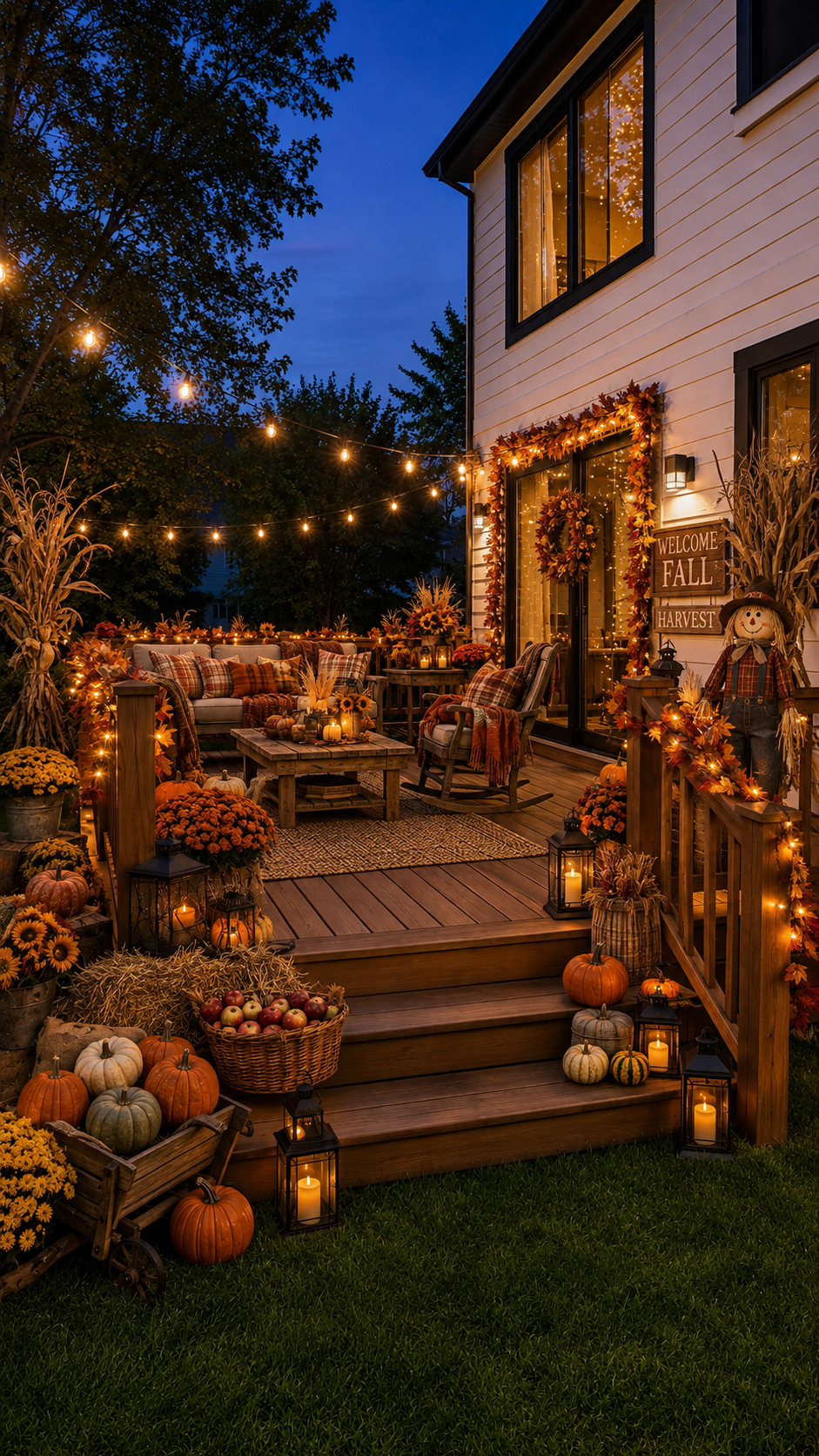 Fall deck decor with raised wooden deck, sofa, rocking chair, string lights, garlands, pumpkins, mums, lanterns, corn stalks, hay bales, scarecrow, apples, and outdoor rug