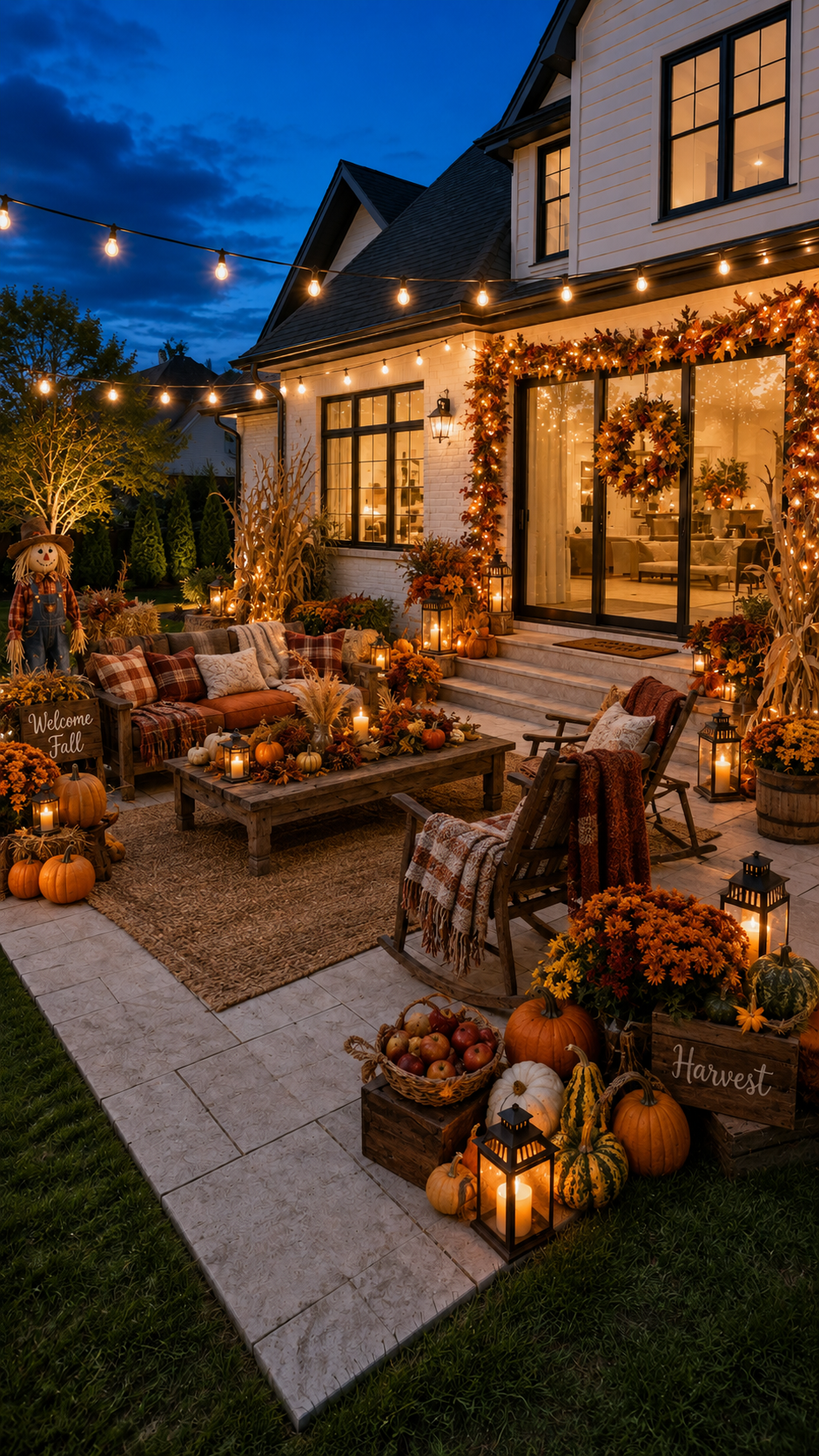 Fall outdoor living patio with white brick exterior, wooden sofa, rocking chairs, coffee table, rug, string lights, wreath, garland, pumpkins, mums, lanterns, hay bales, and apples