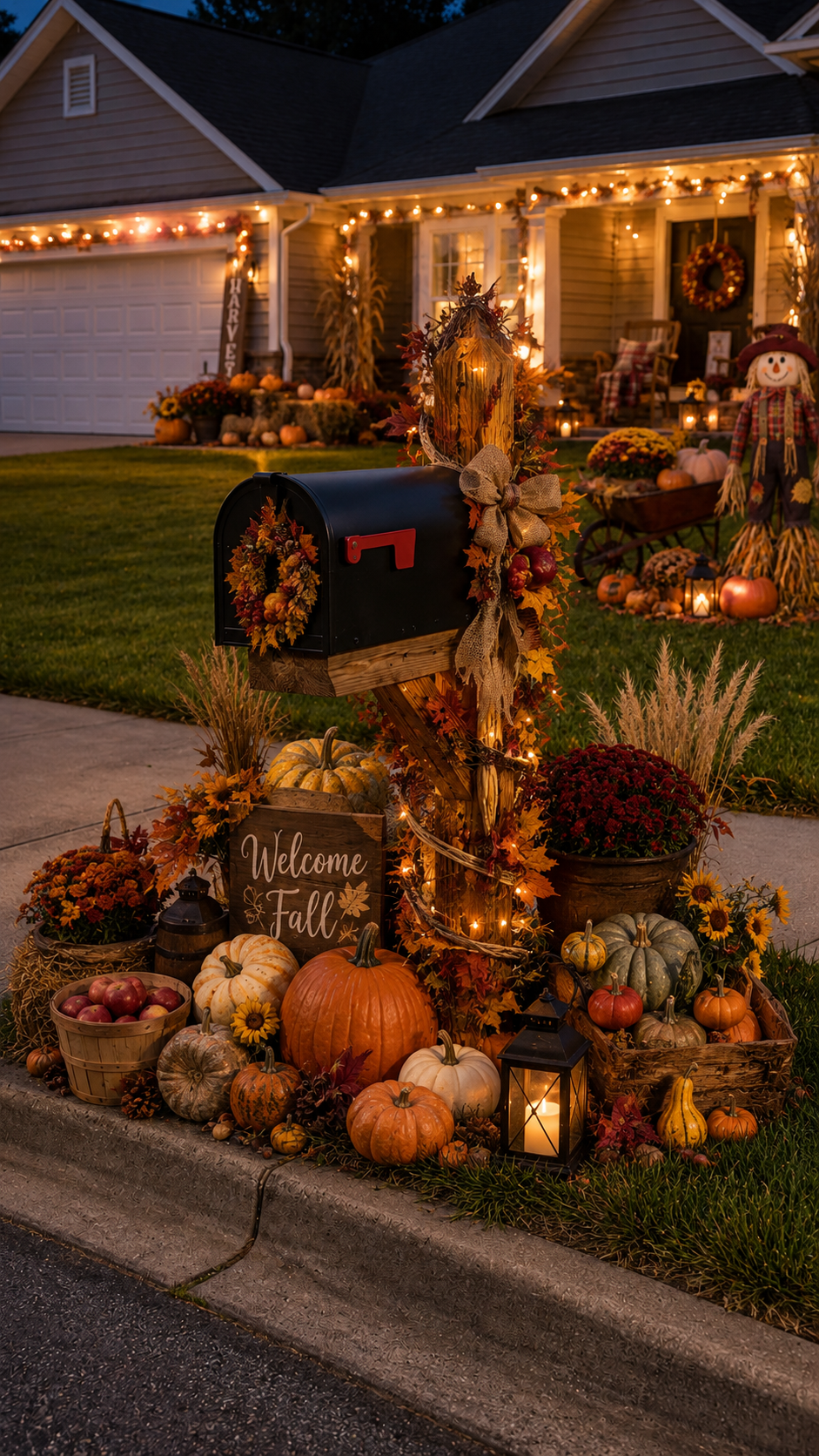 Fall mailbox decor with black mailbox, wooden post, fairy lights, autumn wreath, pumpkins, gourds, crates, baskets, mums, lanterns, apples, burlap bow, and welcome fall sign