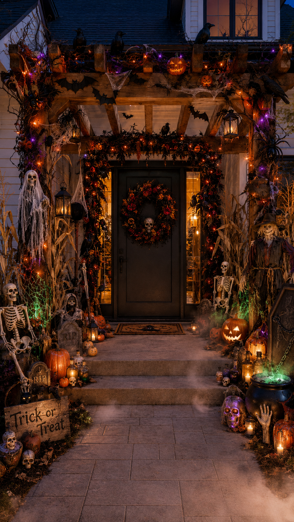 Halloween outdoor decor ideas with black front door, spooky wreath, pumpkins, skeletons, ghosts, bats, cobwebs, lanterns, cauldron, tombstones, and trick or treat sign