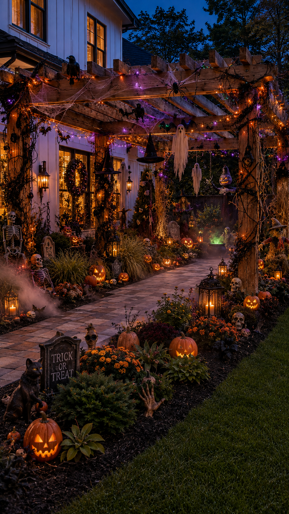 Halloween garden walkway with wooden pergola, cobwebs, oversized spiders, ravens, bats, witch hats, ghosts, jack-o-lanterns, skeletons, cauldron, tombstones, and pathway lanterns