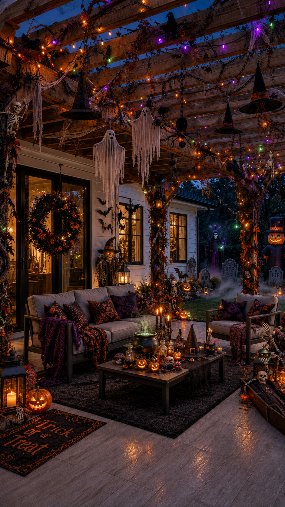 Covered Halloween patio with wooden pergola, gray outdoor sofa, spooky pillows, orange purple and green lights, ghosts, witch hats, ravens, bats, spiders, skulls, cauldron, pumpkins, and tombstones