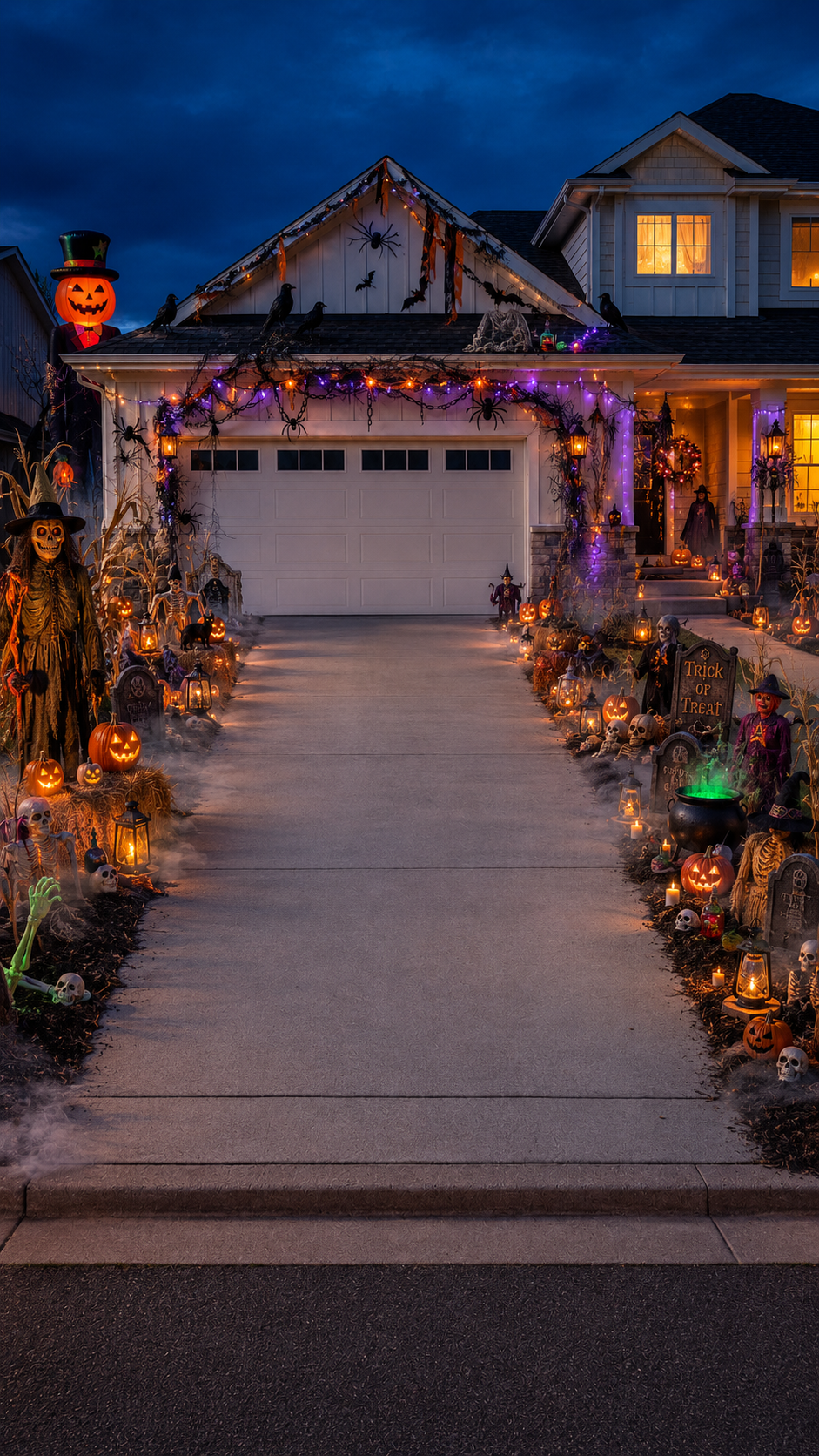 Halloween driveway decor with white garage, black garland, spider webs, orange and purple lights, pumpkins, skeletons, witches, tombstones, lanterns, cauldron, ravens, and trick or treat sign