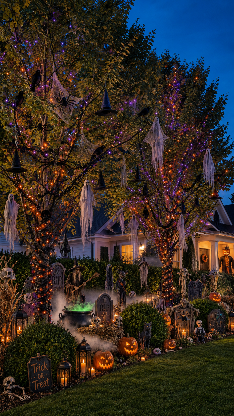 Halloween front garden with glowing trees, orange and purple lights, hanging ghosts, witch hats, ravens, spiders, cobwebs, pumpkins, skeletons, tombstones, cauldron, lanterns, and trick or treat sign