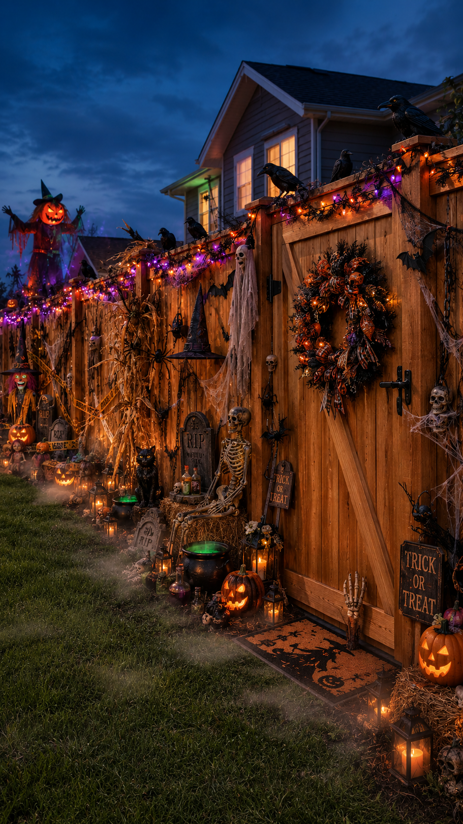 Halloween privacy fence decor with wood fence, black garlands, cobwebs, bats, ravens, spiders, skulls, wreath, pumpkins, skeletons, tombstones, cauldrons, lanterns, and trick or treat signs