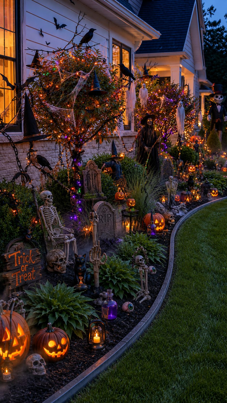 Halloween garden bed decor with house exterior, curved planting bed, orange lights, purple lights, ghosts, witch hats, cobwebs, pumpkins, skeletons, tombstones, black cats, skulls, lanterns, and trick or treat sign