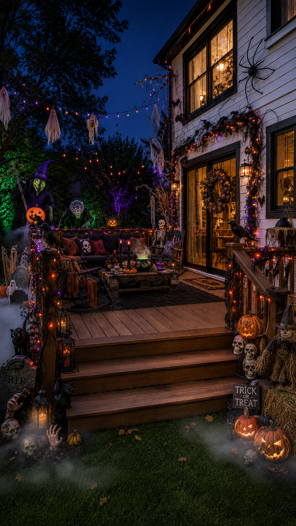 Halloween deck decor with wooden steps, outdoor sofa, rocking chairs, spooky pillows, pumpkins, skulls, potion bottles, green cauldron, ghosts, bats, garlands, skeletons, tombstones, lanterns, and jack-o-lanterns