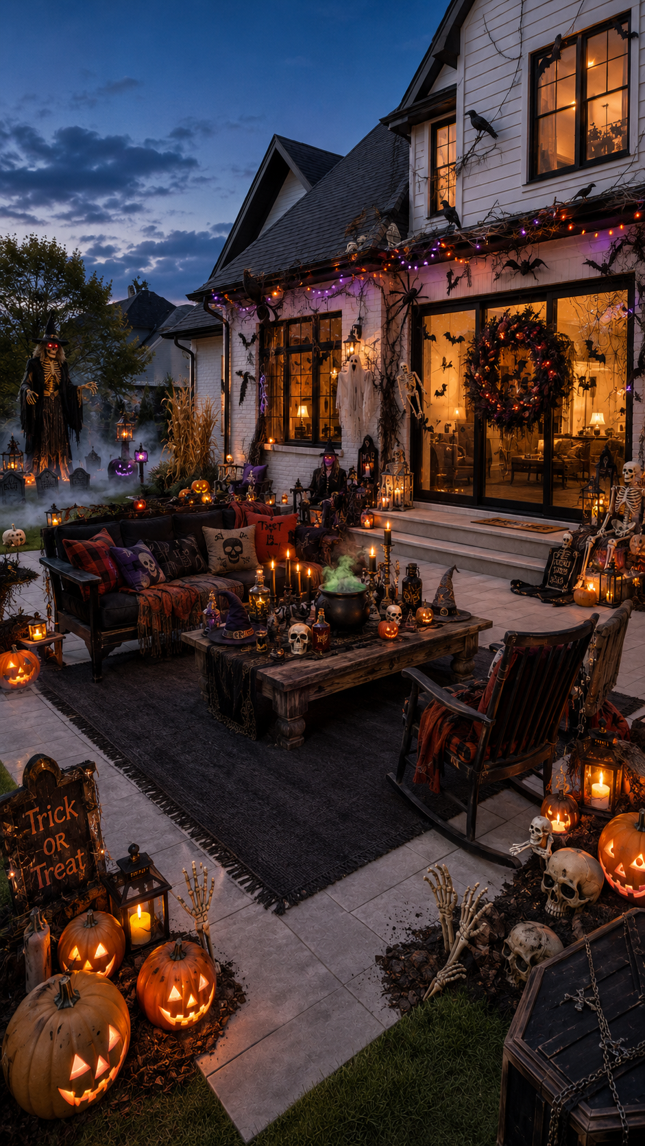Luxury Halloween patio with black outdoor sofa, rocking chair, rustic coffee table, skull pillows, candles, potion bottles, witch hat, cauldron, pumpkins, skeletons, tombstones, bats, ravens, spiders, and fog