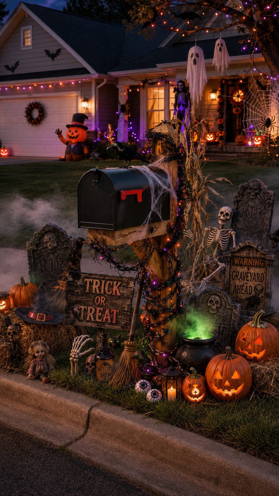 Halloween mailbox decor with black mailbox, wooden post, cobwebs, orange and purple lights, raven, cornstalks, pumpkins, skeleton, tombstones, skulls, cauldron, lanterns, hay bales, and warning graveyard sign