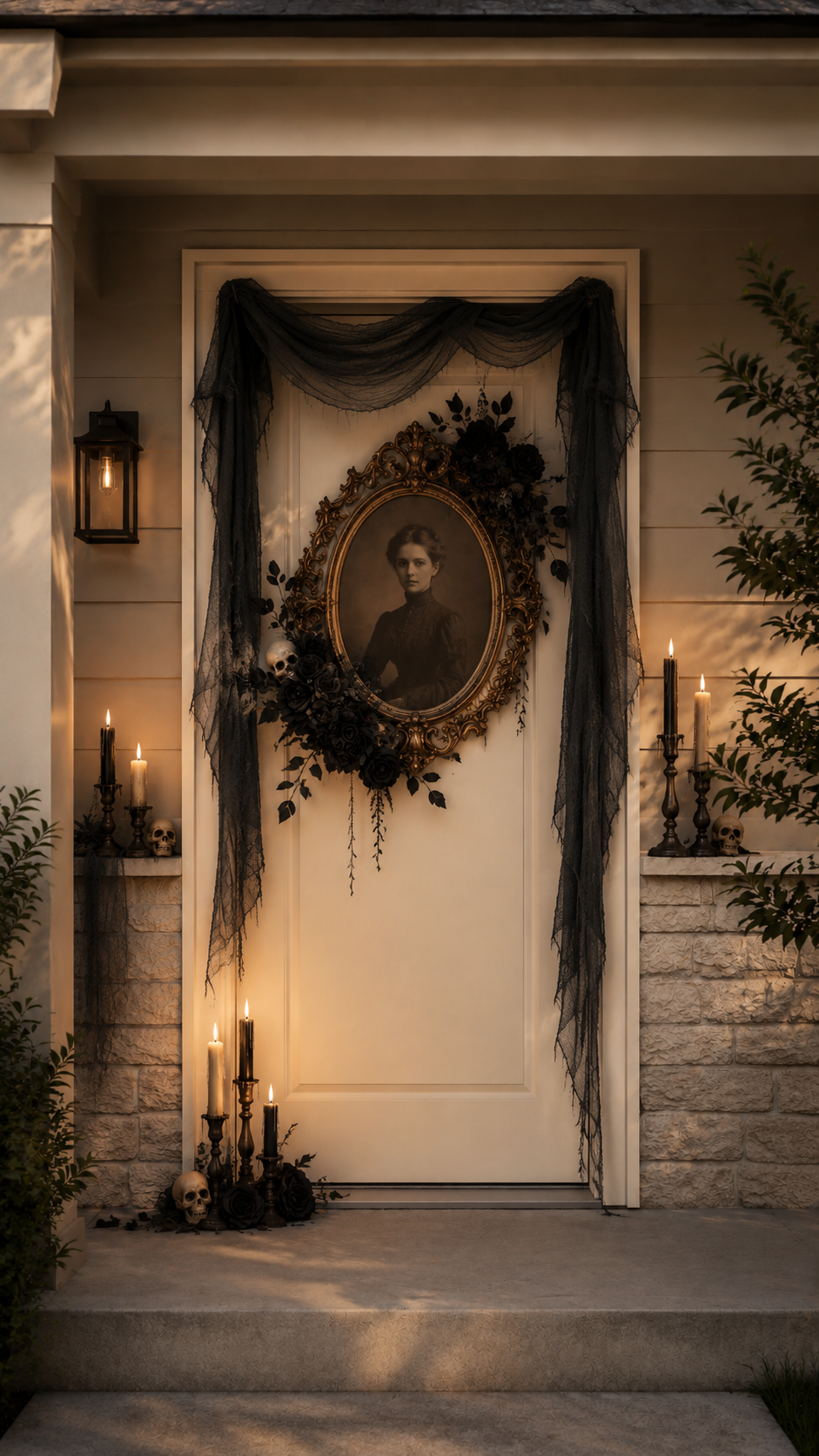 Victorian Halloween door decor with cream front door, antique gold portrait frame, sepia woman portrait, black roses, skulls, black gauze, taper candles, lantern, and gothic vintage styling