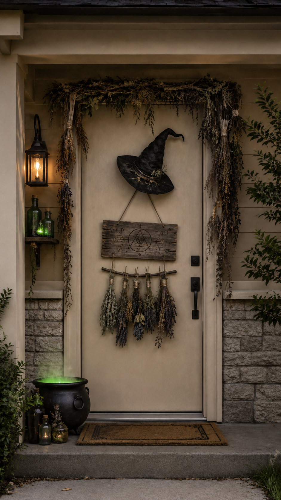 Woodland witch Halloween door decor with beige front door, black witch hat, dried herbs, rustic plaque, potion bottles, green glass bottles, black cauldron, herbal garland, and warm lantern