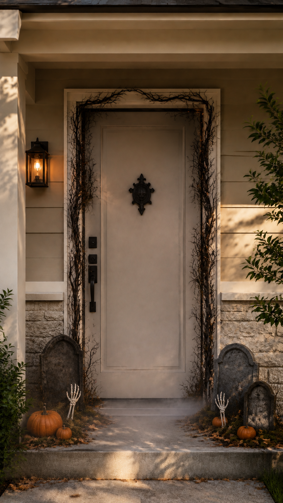 Graveyard Halloween door decor with cream door, black branch arch, tombstones, skeleton hands, pumpkins, dark moss, fallen leaves, low mist, black lantern, and spooky minimalist entrance