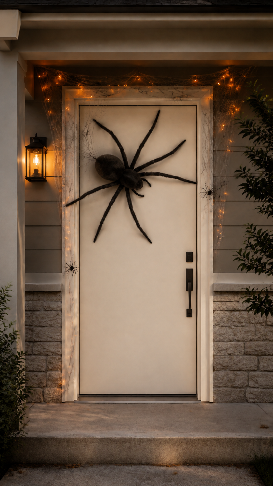 Simple spider Halloween door decor with ivory front door, oversized fuzzy black spider, smaller spiders, gauzy cobwebs, orange string lights, black lantern, cream trim, and modern entry styling
