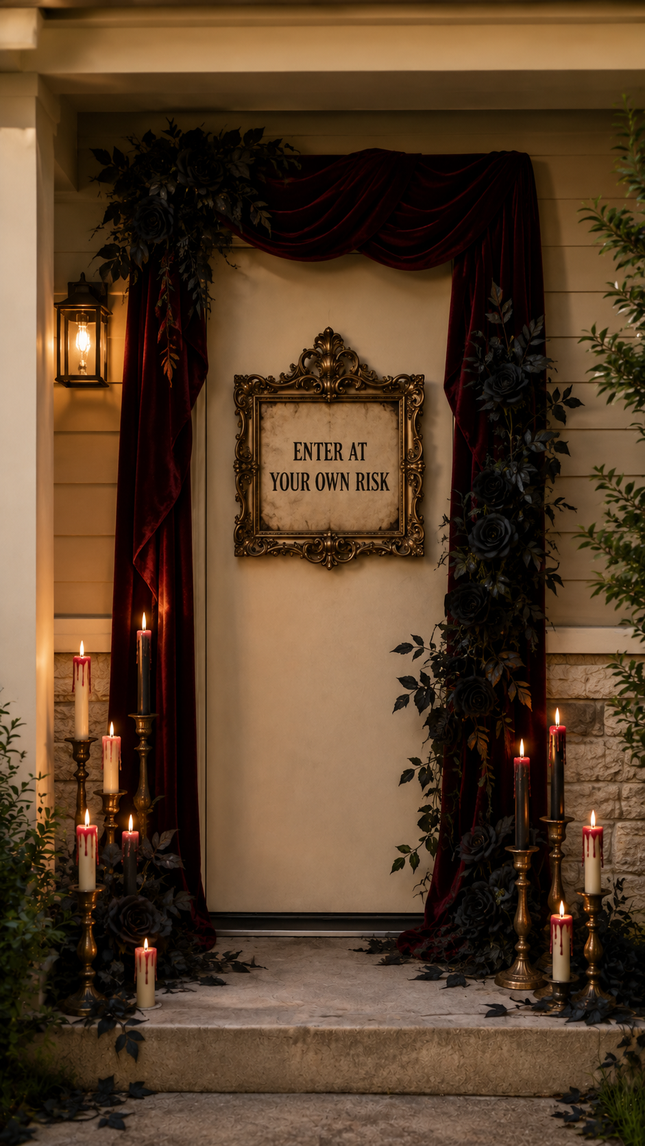Luxury gothic Halloween door decor with enter at your own risk sign, antique gold frame, burgundy velvet drapes, black roses, brass candlesticks, black candles, and warm lantern