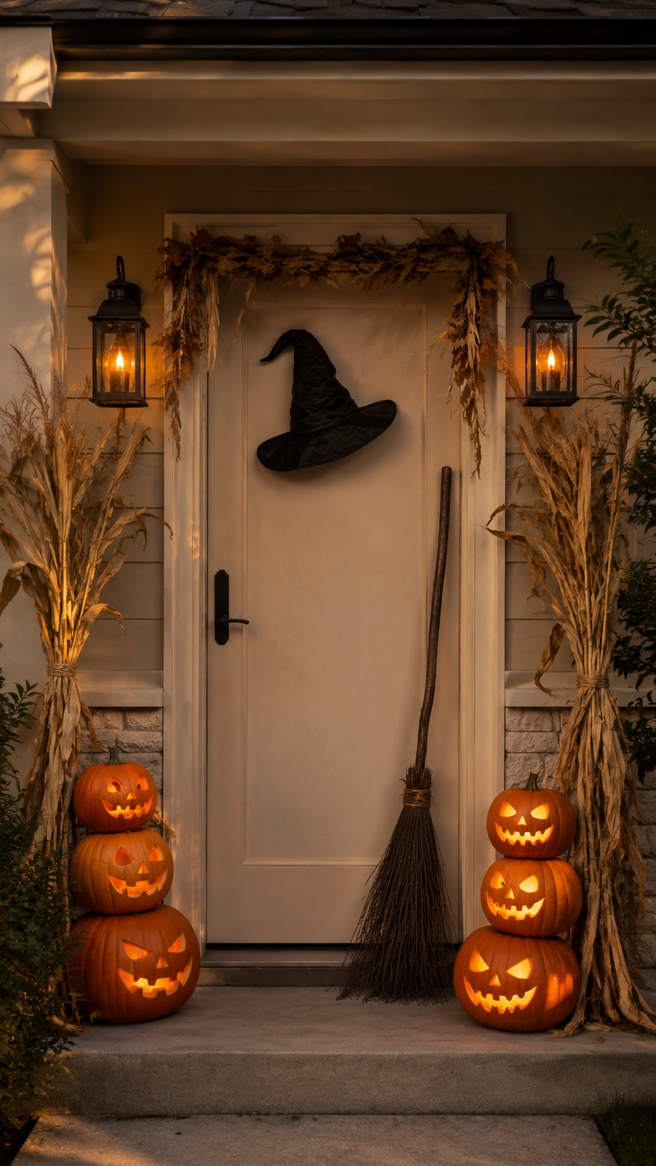 Family-friendly Halloween door decor with cream door, black witch hat, twig broom, dried corn stalks, jack-o-lantern stacks, black lanterns, autumn garland, and rustic front entry styling