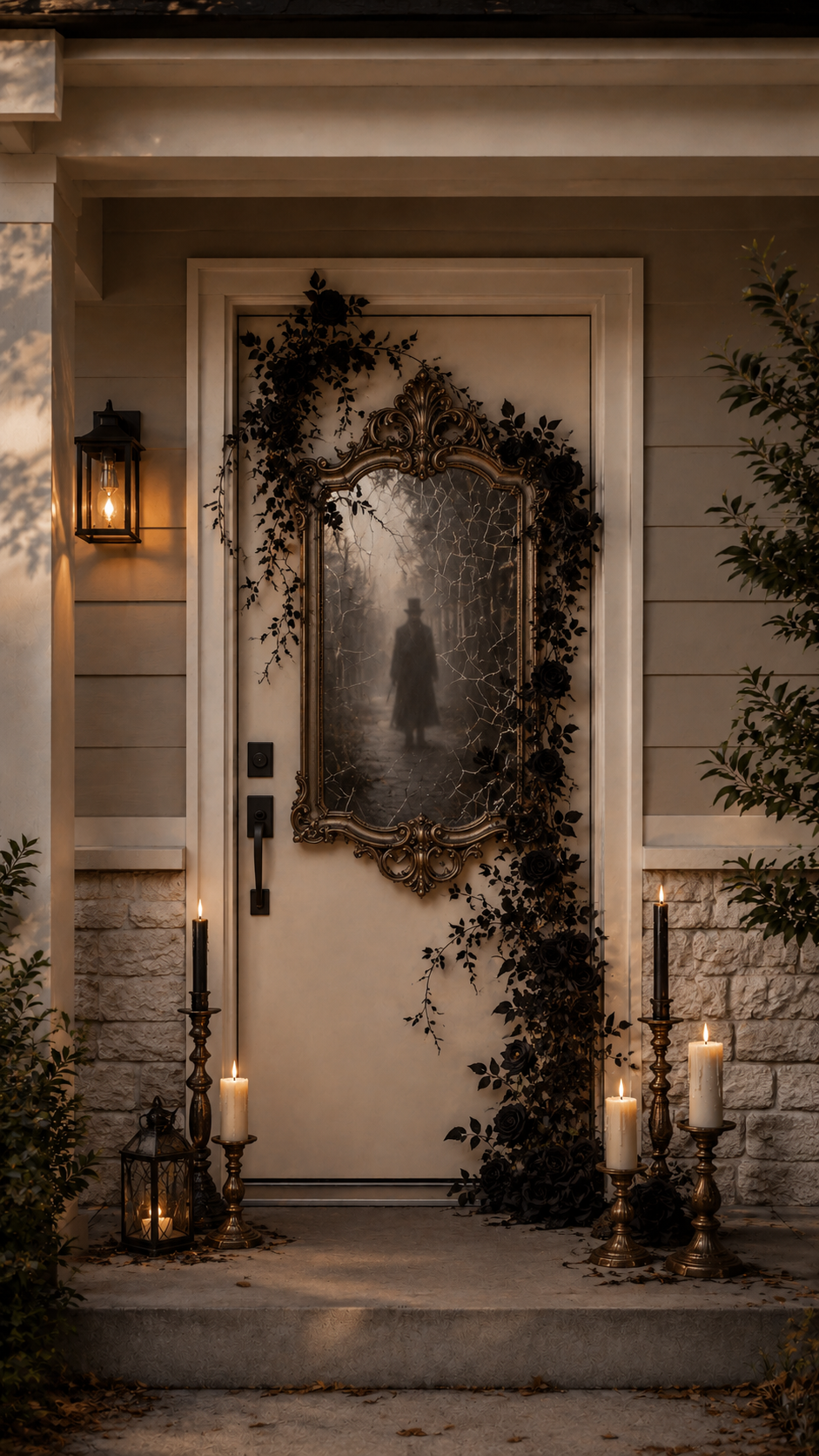 Haunted mirror Halloween door decor with ivory front door, antique gold mirror, shadow figure, black roses, dark foliage, brass candlesticks, black taper candles, lantern, and gothic romance styling