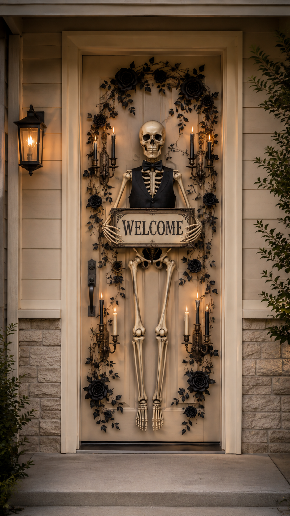 Skeleton butler Halloween door decor with cream door, full-length skeleton, welcome sign, twisting vines, black roses, antique sconces, candles, lantern, stone wall, and gothic styling