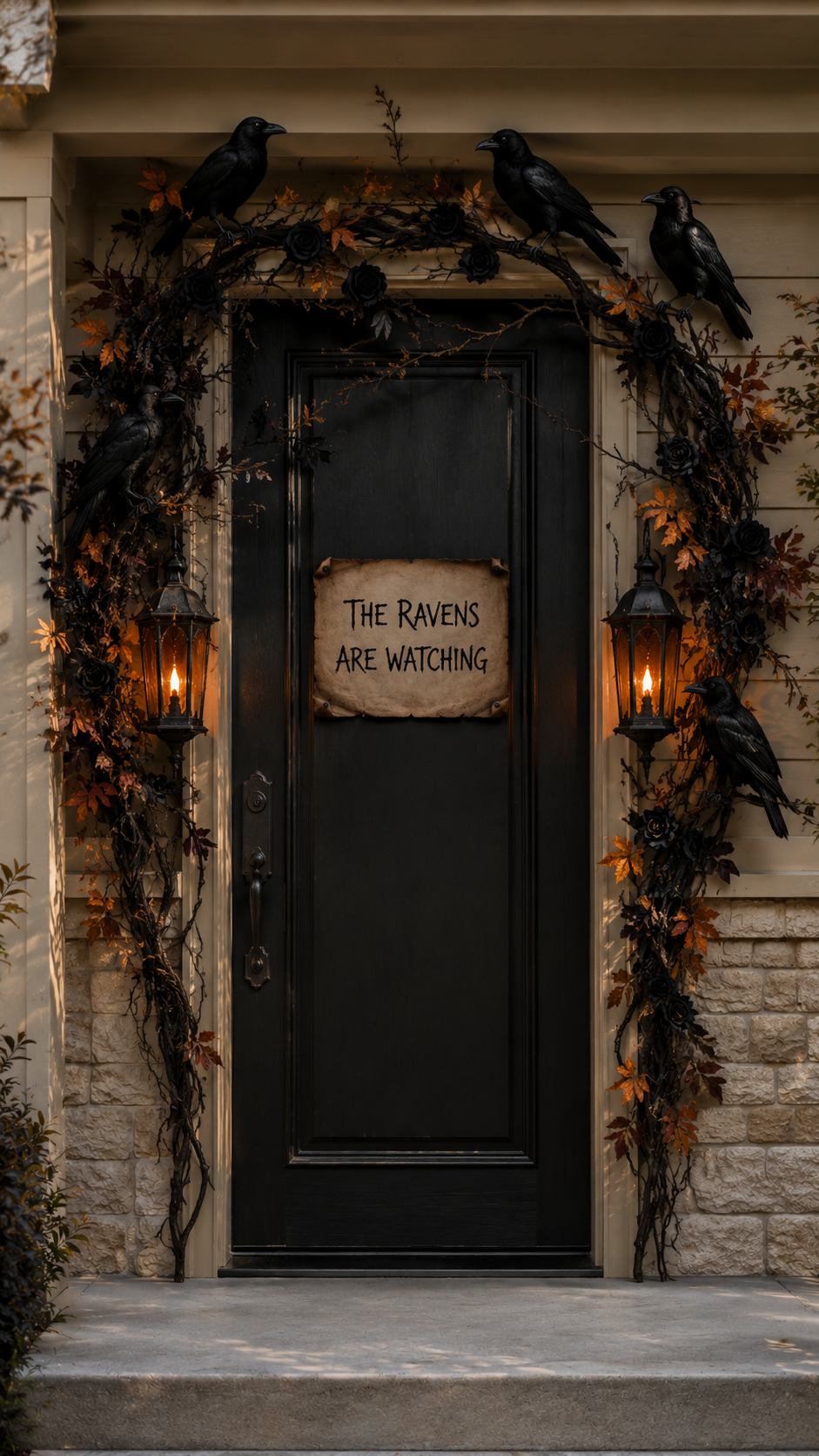 Halloween door decor with black door, The Ravens Are Watching sign, black ravens, twisted branches, black roses, burgundy leaves, warm lanterns, and gothic autumn styling