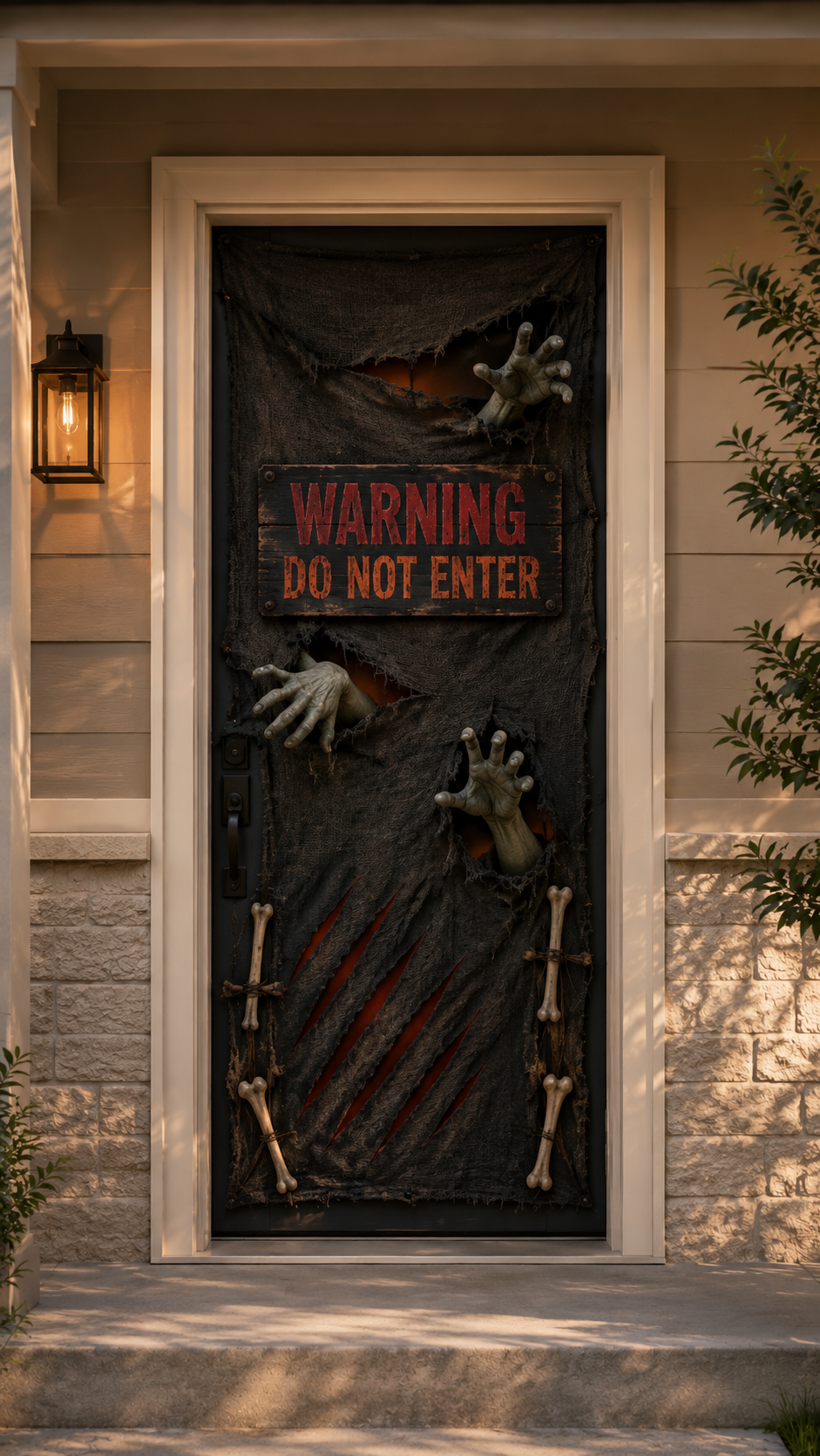 Scary Halloween door decor with black ripped fabric, red backing, zombie hands, warning do not enter sign, claw marks, bones, white trim, stone wall, and black lantern