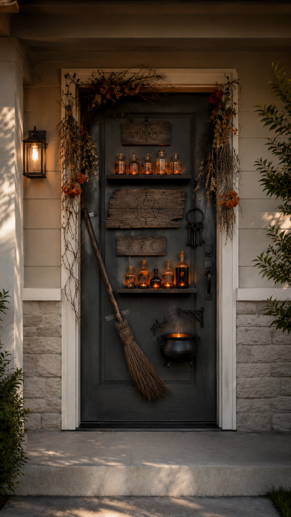 Witch apothecary Halloween door decor with charcoal black door, potion bottles, rustic wood signs, antique keys, broom, black cauldron, autumn branches, and amber lighting