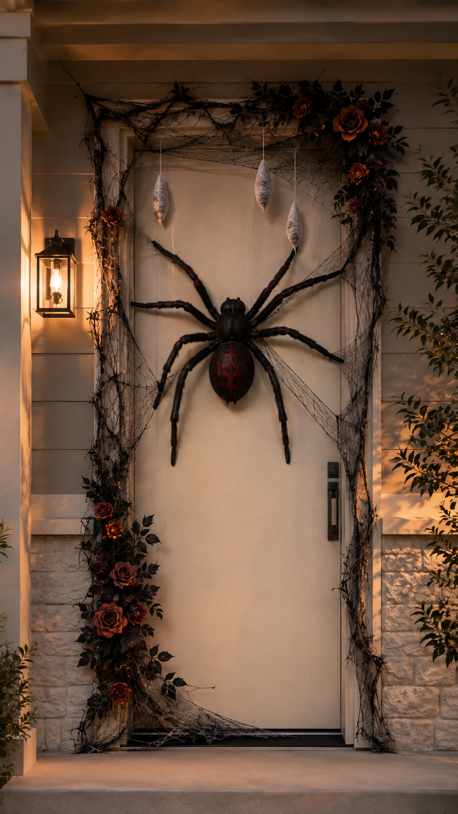 Spider Halloween door decor with cream door, oversized black spider, black cobwebs, hanging cocoons, burgundy roses, burnt orange flowers, dark foliage, and warm wall lantern