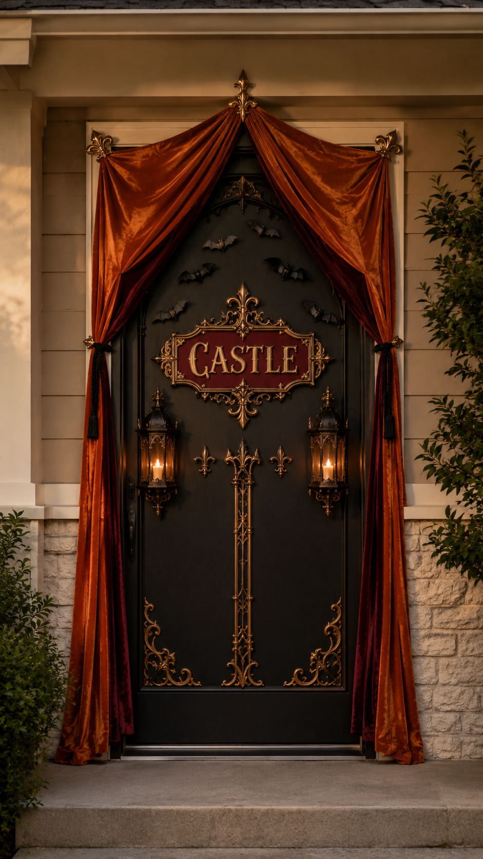 Gothic Halloween door decor with tall black door, antique gold metalwork, castle sign, black bats, burgundy and orange velvet drapes, gold ornaments, and black lanterns