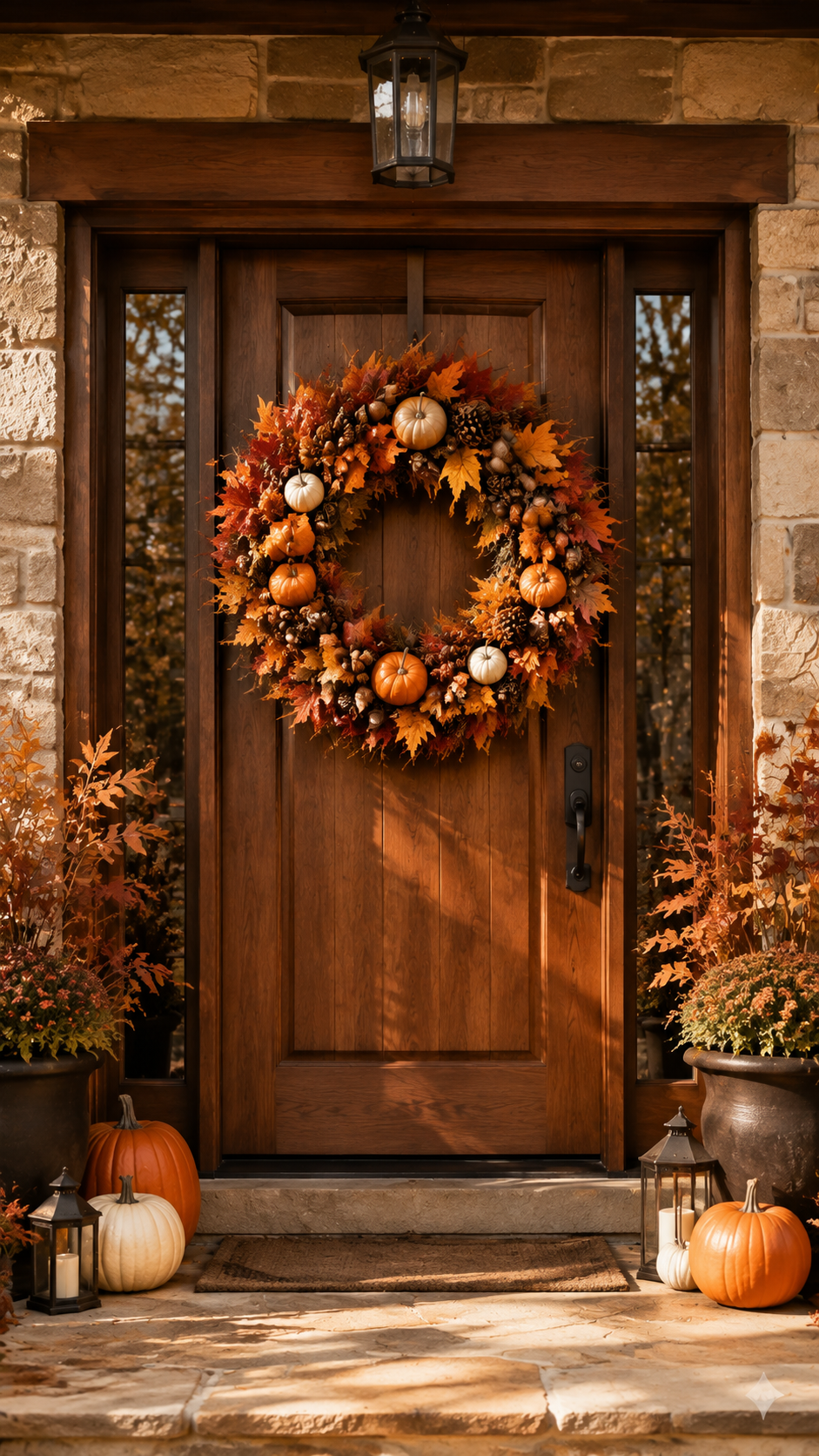 Classic fall wreath with maple leaves, mini pumpkins, pinecones, acorns, berries, dried branches, black lanterns, planters, pumpkins, stone walls, and rustic wooden front door