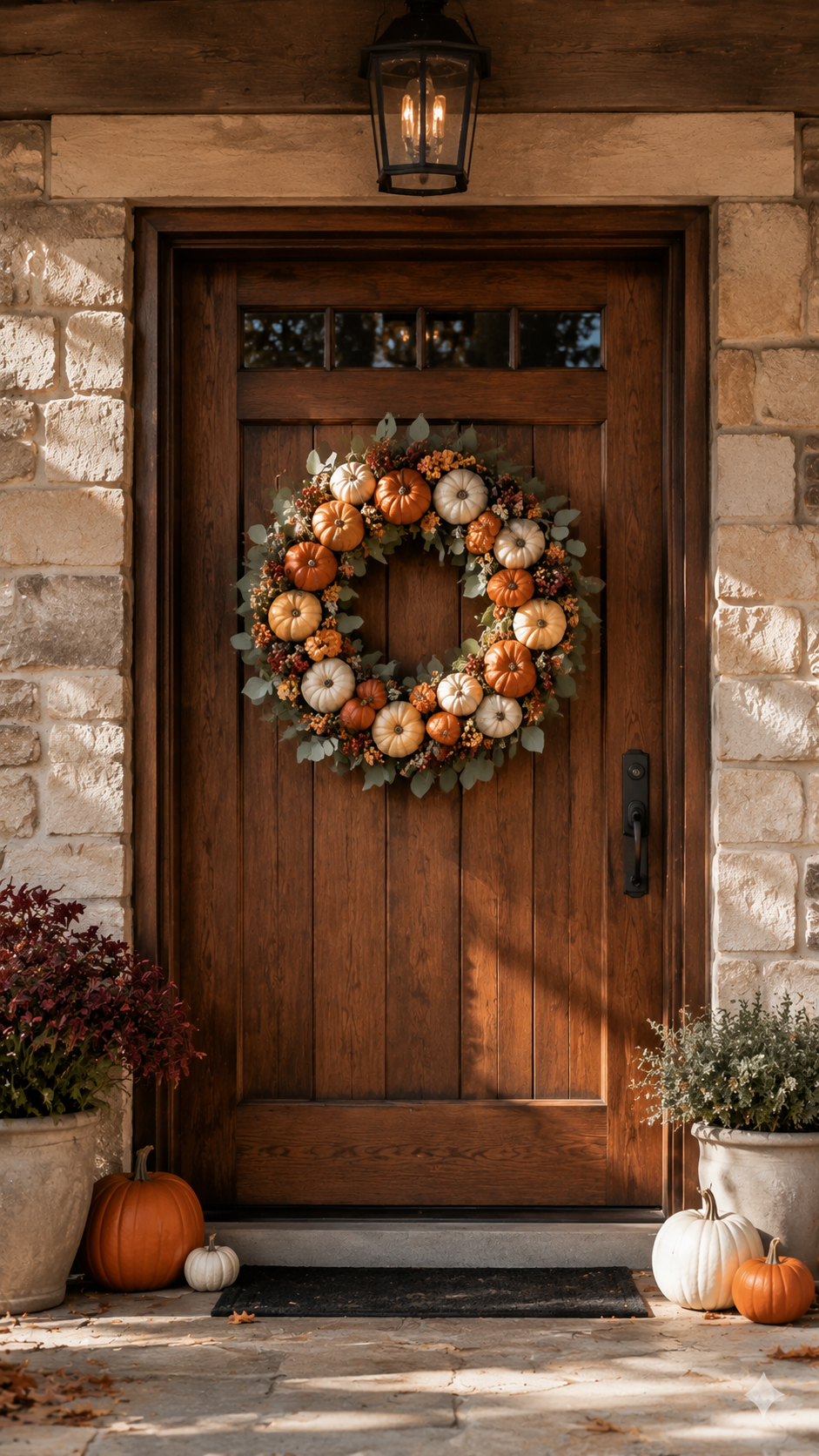 Mini pumpkin fall wreath with white orange peach and caramel pumpkins, eucalyptus leaves, orange berries, dried flowers, planters, pumpkins, black lantern, and craftsman wood door