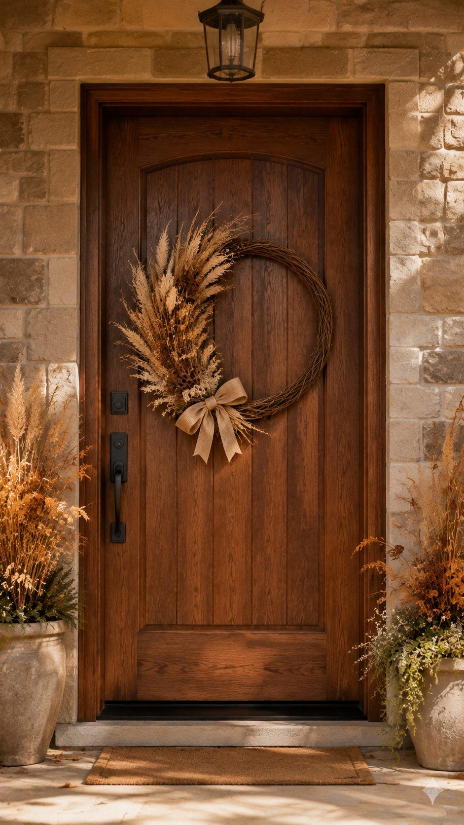 Minimalist fall grapevine wreath with pampas grass, wheat stems, seed heads, burlap bow, neutral dried foliage, stone planters, rust branches, and natural wooden door