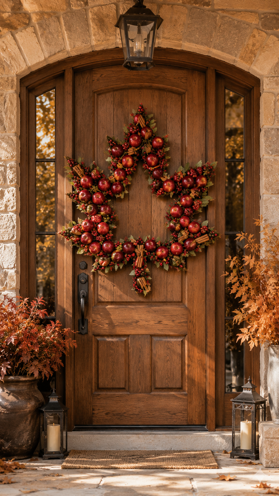 Maple leaf shaped fall wreath made with red apples, berries, green leaves, cinnamon sticks, seed pods, stone arch, black lantern, planters, candle lanterns, and wooden door