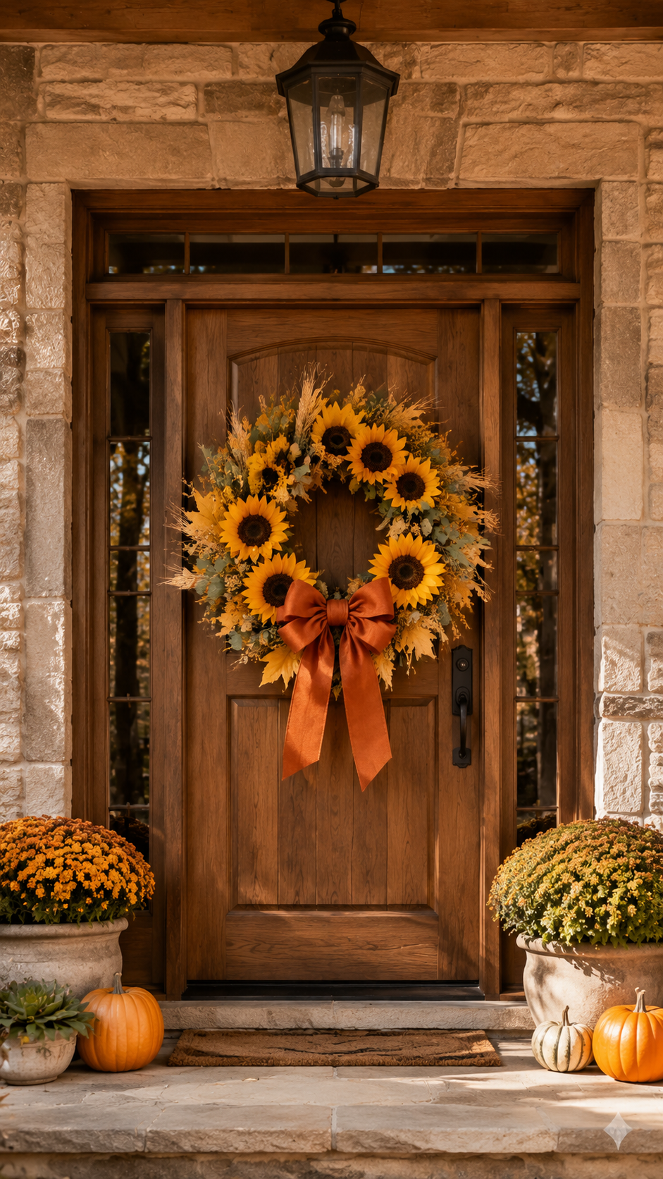 Sunflower fall wreath with yellow sunflowers, eucalyptus, dried wheat, golden stems, burnt orange bow, chrysanthemum planters, pumpkins, stone walls, and farmhouse front porch