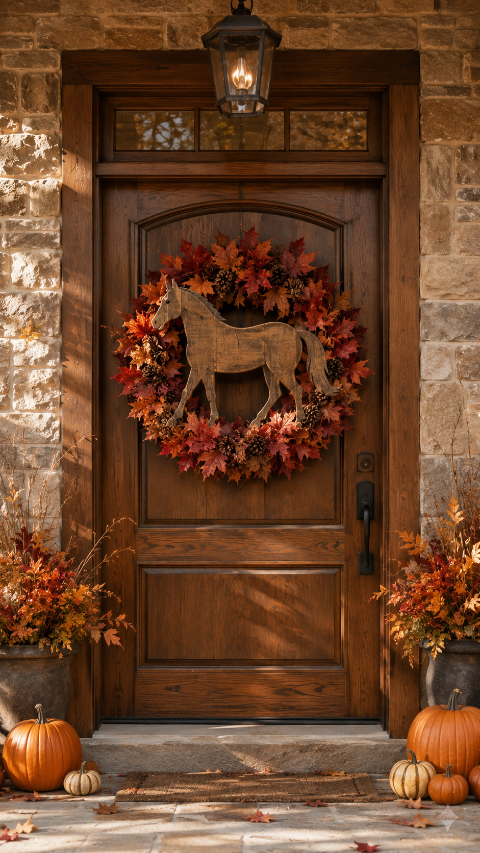 Horse silhouette fall wreath with maple leaves, pinecones, rustic ranch decor, arched wooden door, black lantern, planters, orange pumpkins, striped gourds, and stone porch