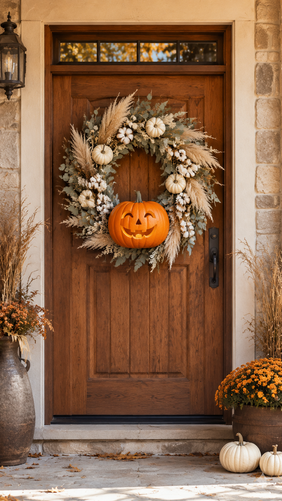 Fall wreath with jack-o-lantern centerpiece, pampas grass, eucalyptus, white cotton stems, dried flowers, cream pumpkins, orange mums, white pumpkins, and rustic Halloween entryway