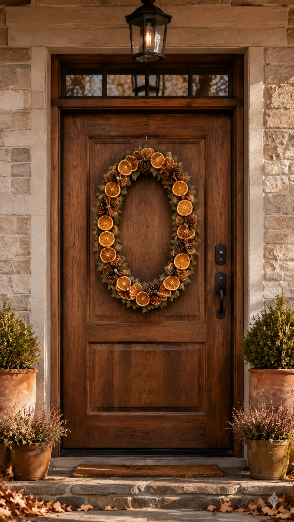 Dried orange slice fall wreath with oval shape, pinecones, curled natural elements, green leaves, terracotta planters, evergreen shrubs, stone walls, and warm wooden door
