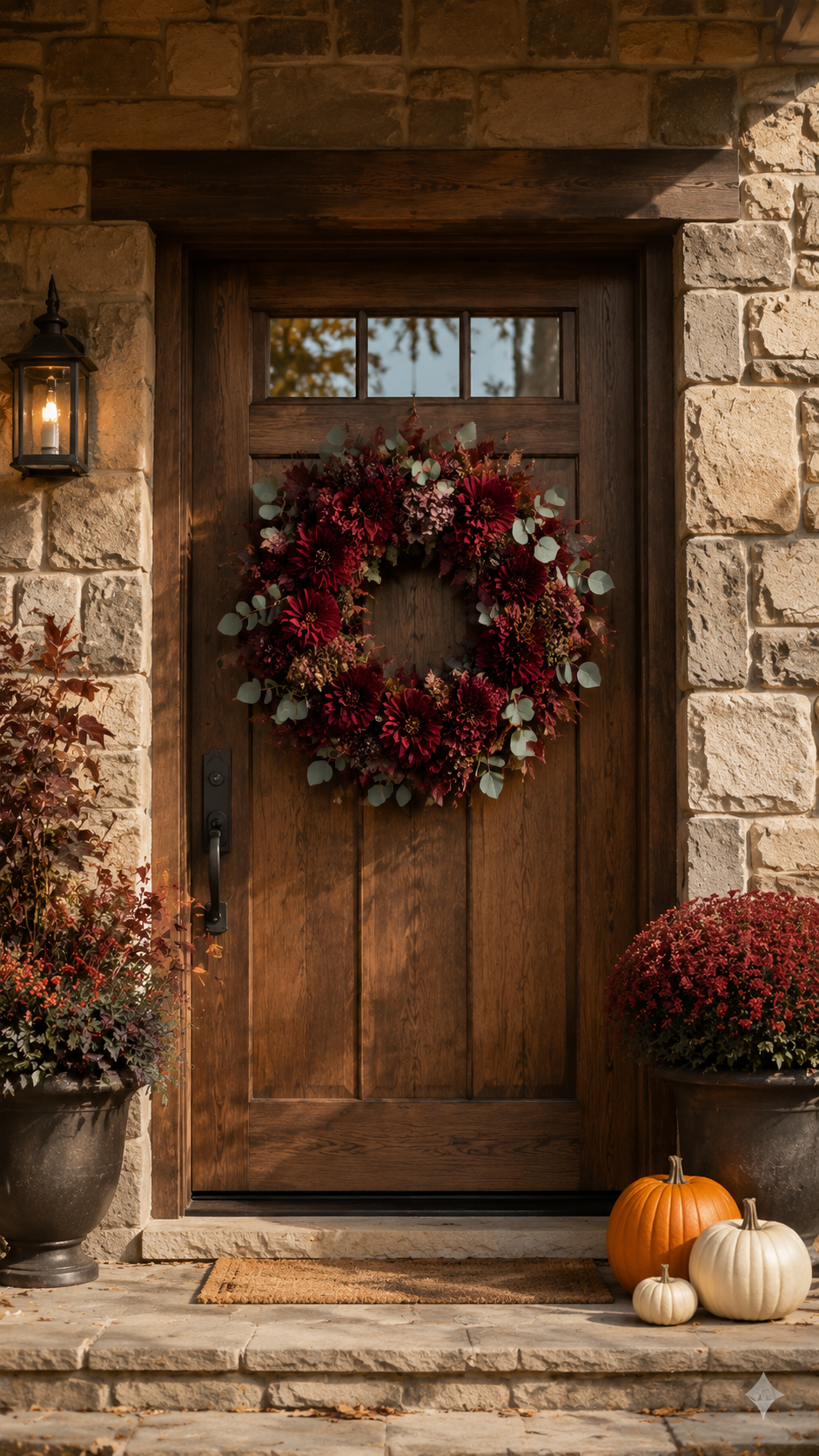 Burgundy fall wreath with dark red dahlias, wine foliage, berries, eucalyptus leaves, stone entryway, black planters, red mums, pumpkins, and warm wooden front door