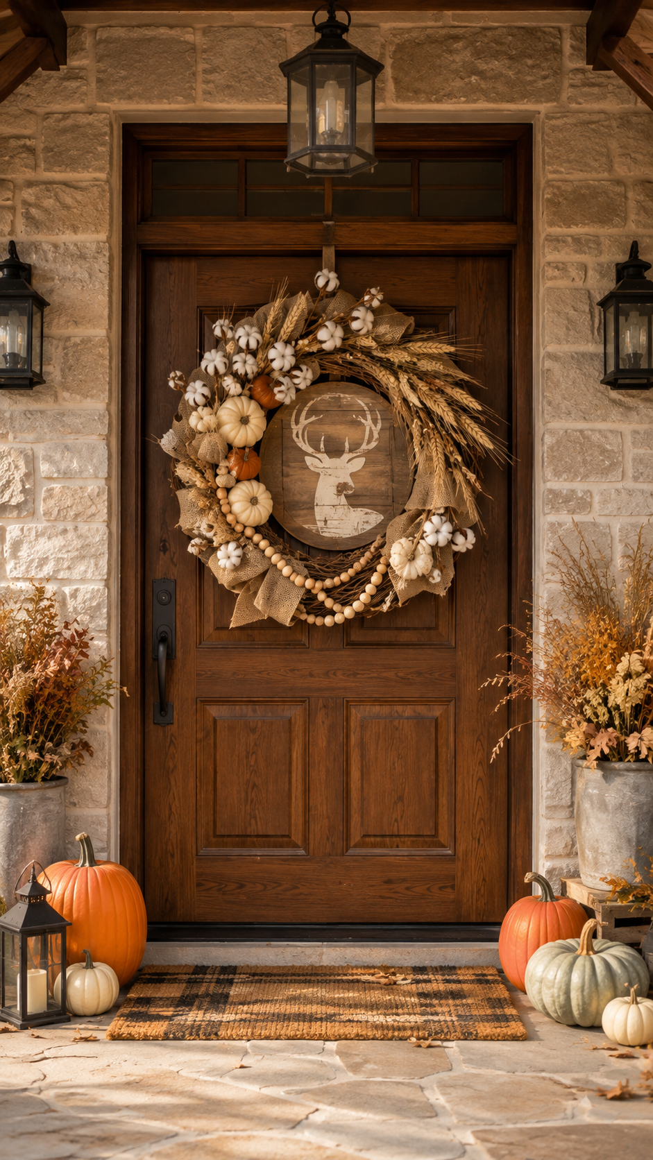 Farmhouse fall wreath with grapevine base, wheat stalks, cotton stems, pumpkins, burlap ribbon, wooden beads, deer plaque, lanterns, planters, pumpkins, and plaid doormat