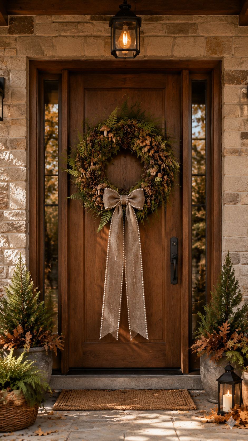 Woodland fall wreath with green ferns, moss, mushrooms, pinecones, seed pods, taupe bow, evergreen planters, basket greenery, lantern, stone walls, and natural porch styling